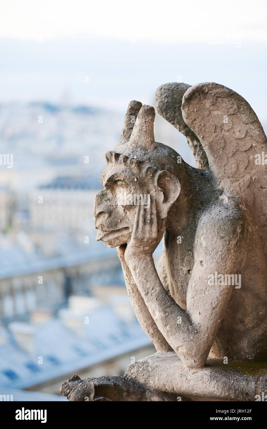 Gargouille sur un toit de paris avec la ville en arrière-plan Banque D'Images
