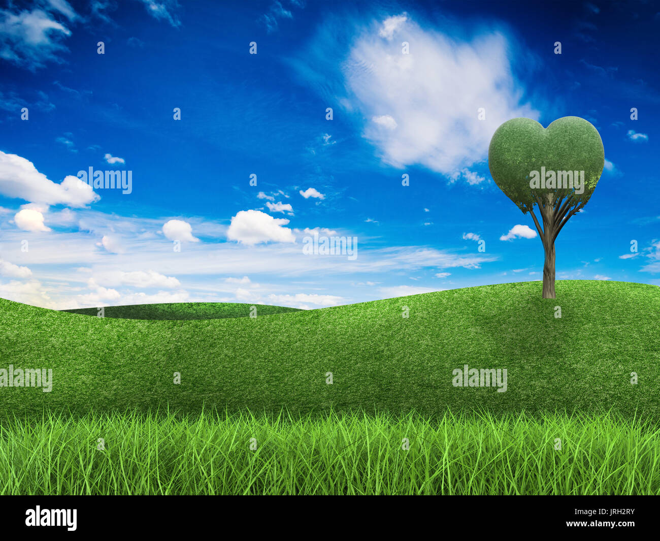 Concept love earth avec forme de coeur en rendu 3d arbre, green field and blue sky Banque D'Images