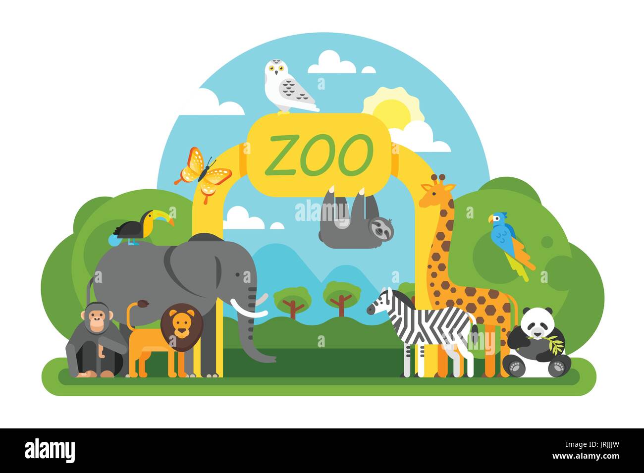 Vector illustration style plat des animaux debout à l'entrée du zoo. Bonne journée ensoleillée. Isolé sur fond blanc. Illustration de Vecteur
