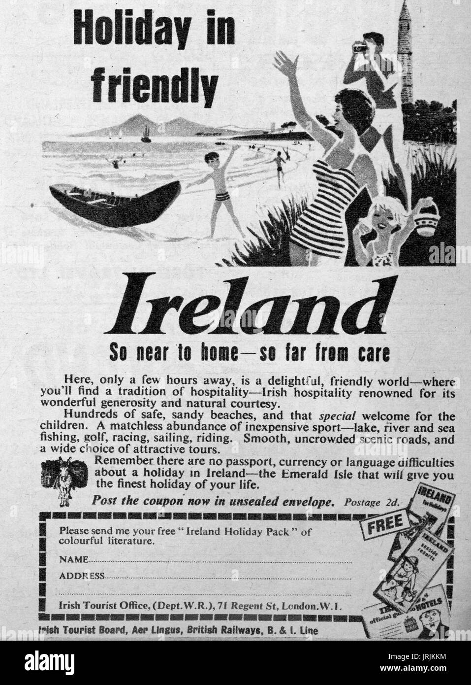 Maison de vacances tourisme irlandais en Irlande Aer Lingus annonce Janvier 1959 Banque D'Images