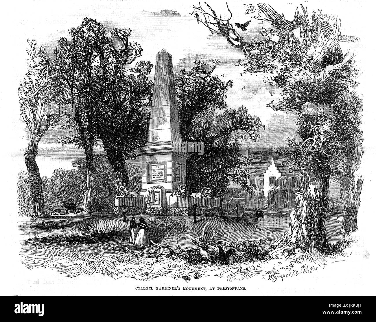 Gravure de 1853 Le Colonel Gardiner's Monument à Bankton House, Preston Casseroles, East Lothian, Ecosse. Banque D'Images