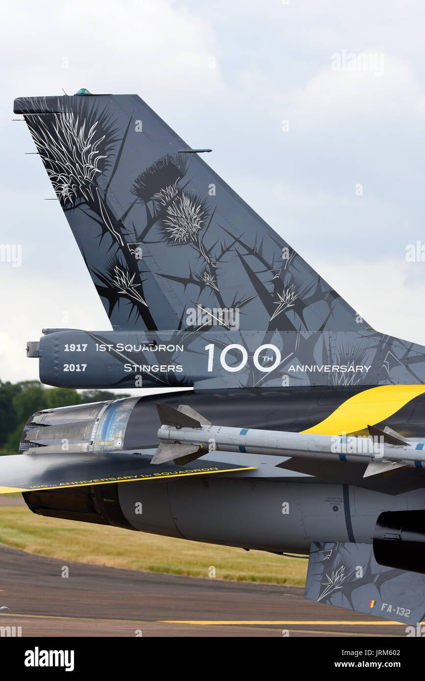 Belgian Air Component F-16AM Fighting Falcon FA-132 dans un schéma de peinture spécial pour le centenaire du 1e Escadron avec un chardon Banque D'Images