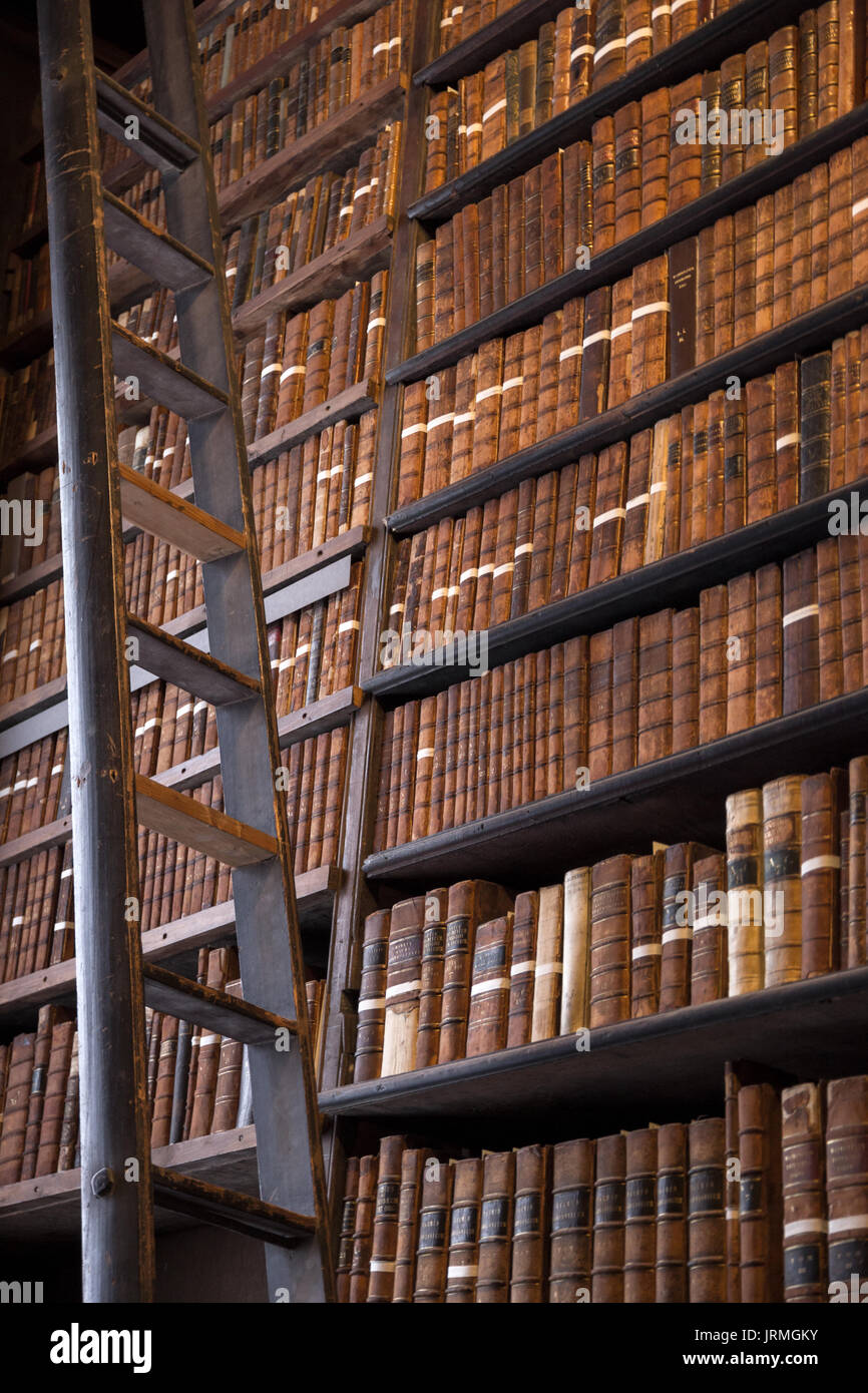 Bibliothèque vintage avec de vieilles étagères de livres anciens et d'une échelle en bois. Banque D'Images