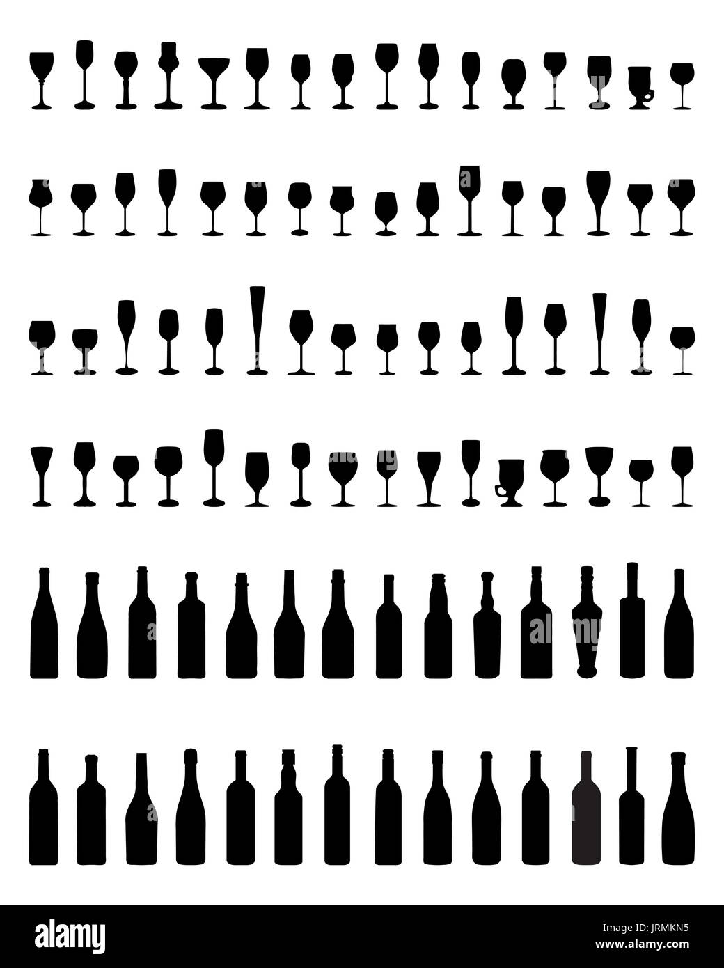 Silhouettes noires de bouteilles et verres sur un fond blanc Banque D'Images