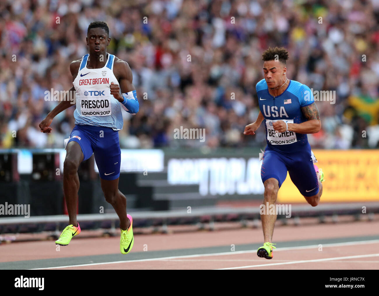 Great Britain's Reece Prescod (gauche) se classe deuxième dans l'épreuve du 100m demi-finale une chaleur au cours de la deuxième journée des Championnats du monde IAAF 2017 à la London Stadium. Banque D'Images