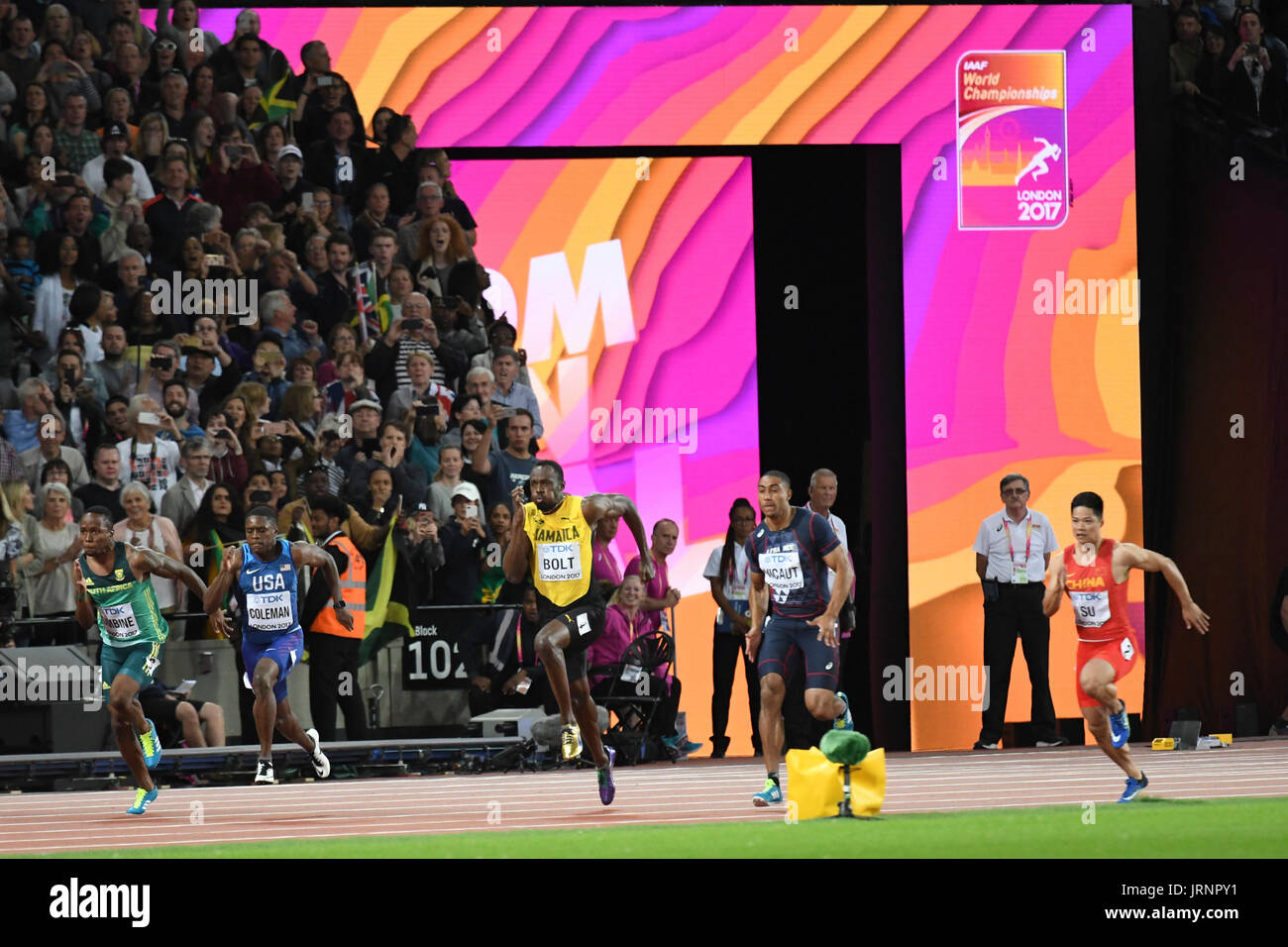 Londres, Royaume-Uni. 5 août 2017. Le 100 m finale au Stadium de Londres, le deuxième jour de l'IAAF World Championships London 2017. Résultat : Gatlin 9,92, 9,94, Coleman, boulon 9,95. Crédit : Stephen Chung / Alamy Live News Banque D'Images