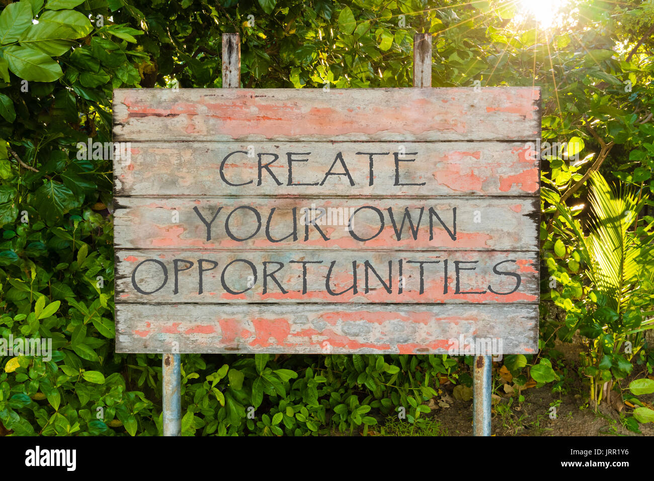 Créer vos propres possibilités motivational quote écrit sur old vintage board panneau dans la forêt, avec les rayons du soleil en arrière-plan. Banque D'Images