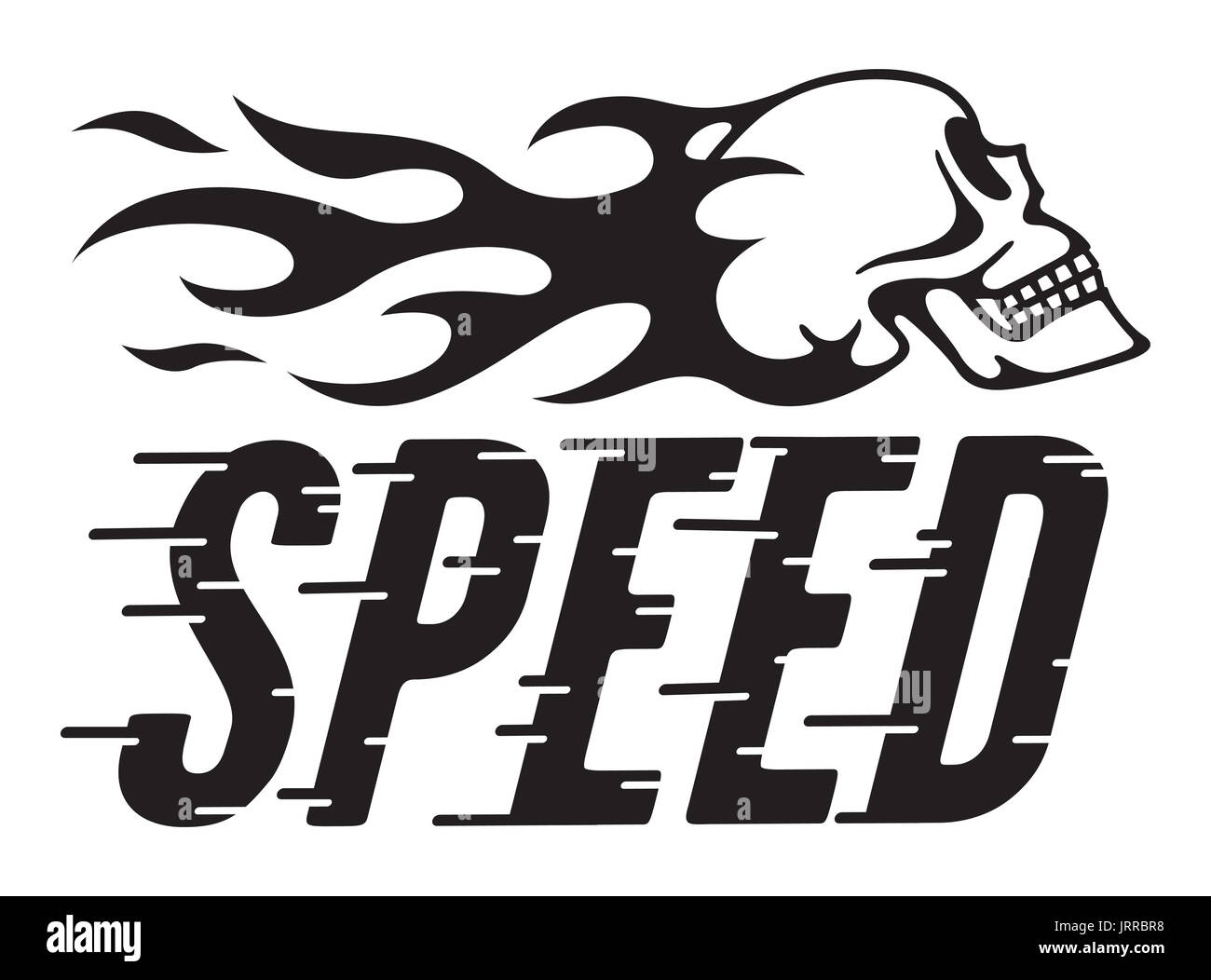 Retro design vecteur vitesse avec vitesse et flaming skull vector illustration de hot rod, moto, graphique avec la ligne vitesse personnalisée lettres. Banque D'Images