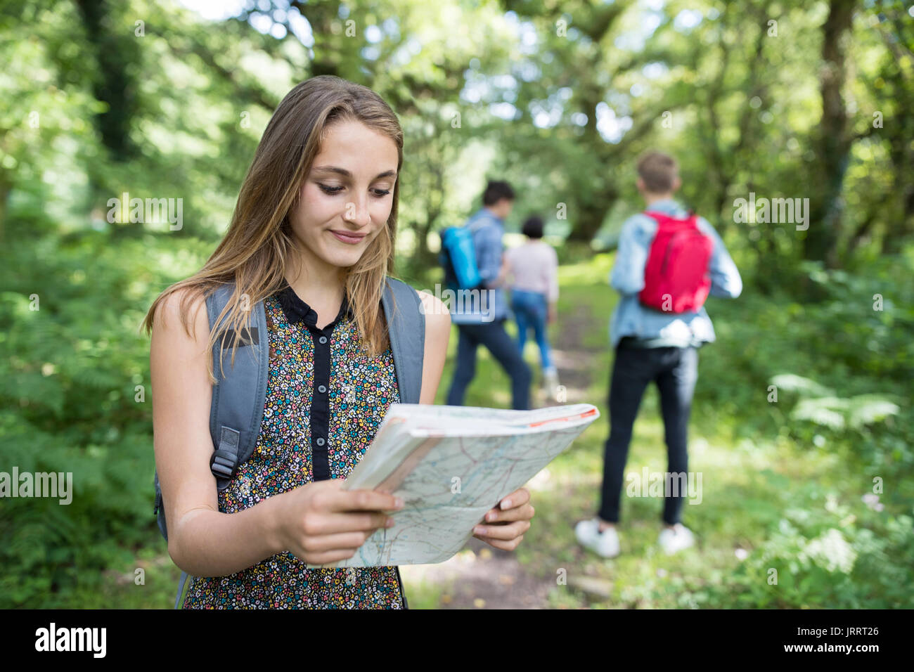 Groupe d'amis adolescents Randonnées en campagne Ensemble Banque D'Images