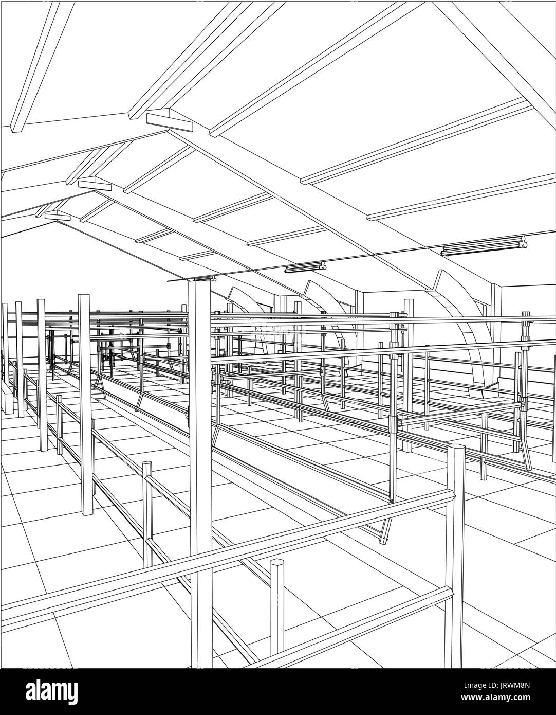 Bâtiment industriel à l'intérieur des constructions abstraites. Illustration 3d de traçage Illustration de Vecteur