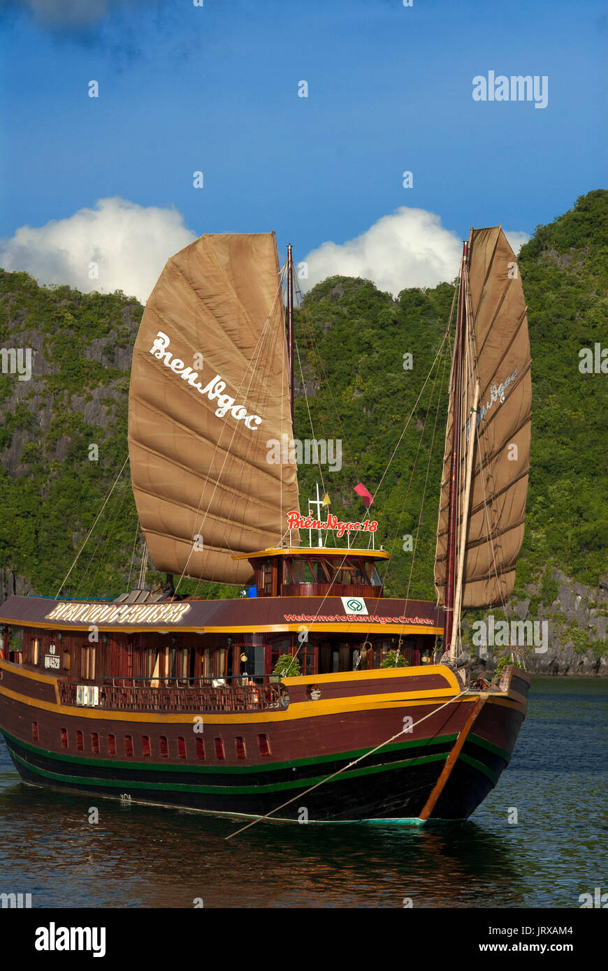 Jonque Chinoise, la baie d'Halong excursion en bateau de tourisme, Vietnam. junk, bateau naviguant entre les montagnes de calcaire karstique dans le parc national de Cat Ba, ha long, la baie d'Halong Banque D'Images