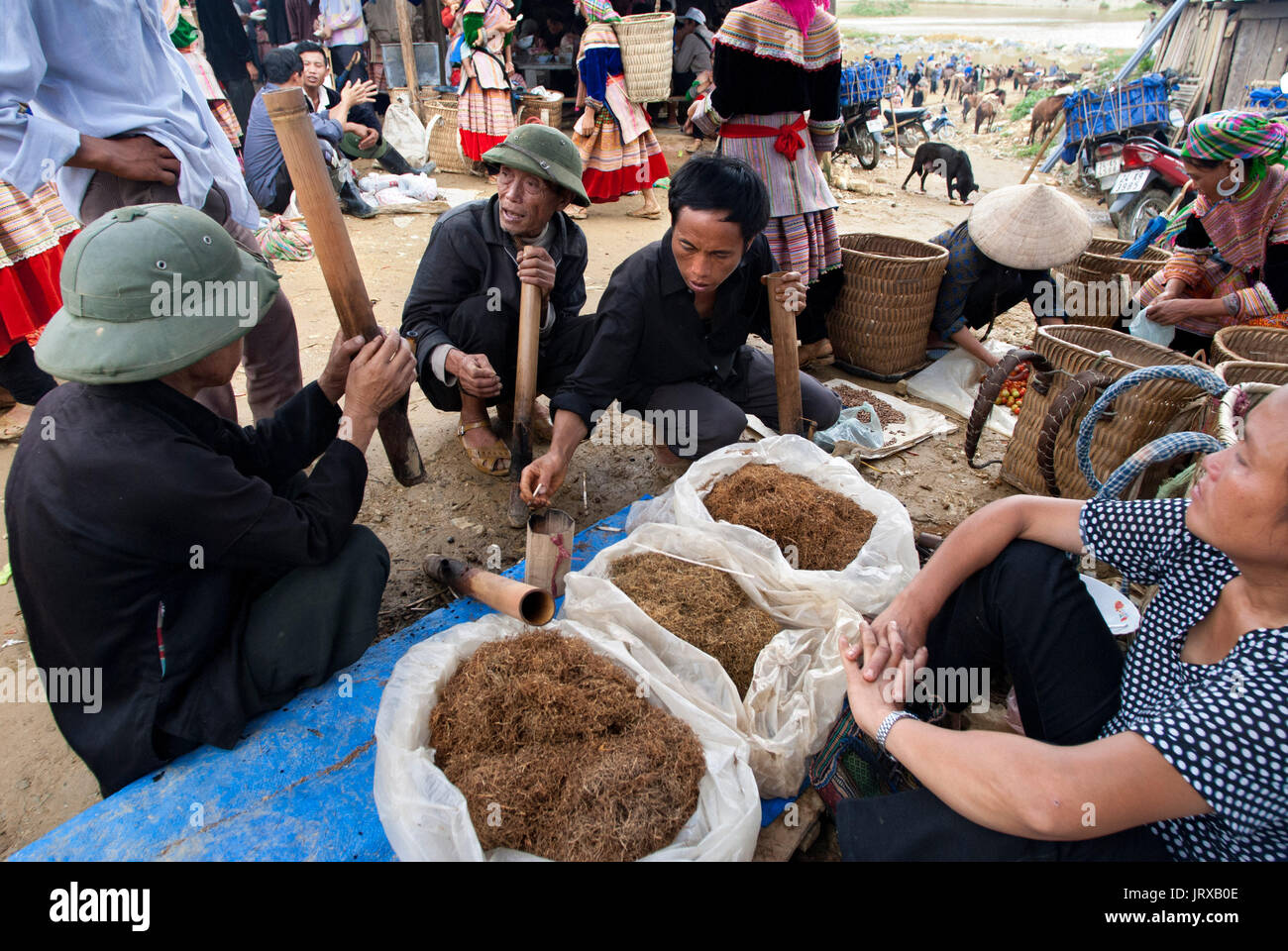 Un homme essaye sur le tabac au marché de bac ha, SAPA, Vietnam Banque D'Images
