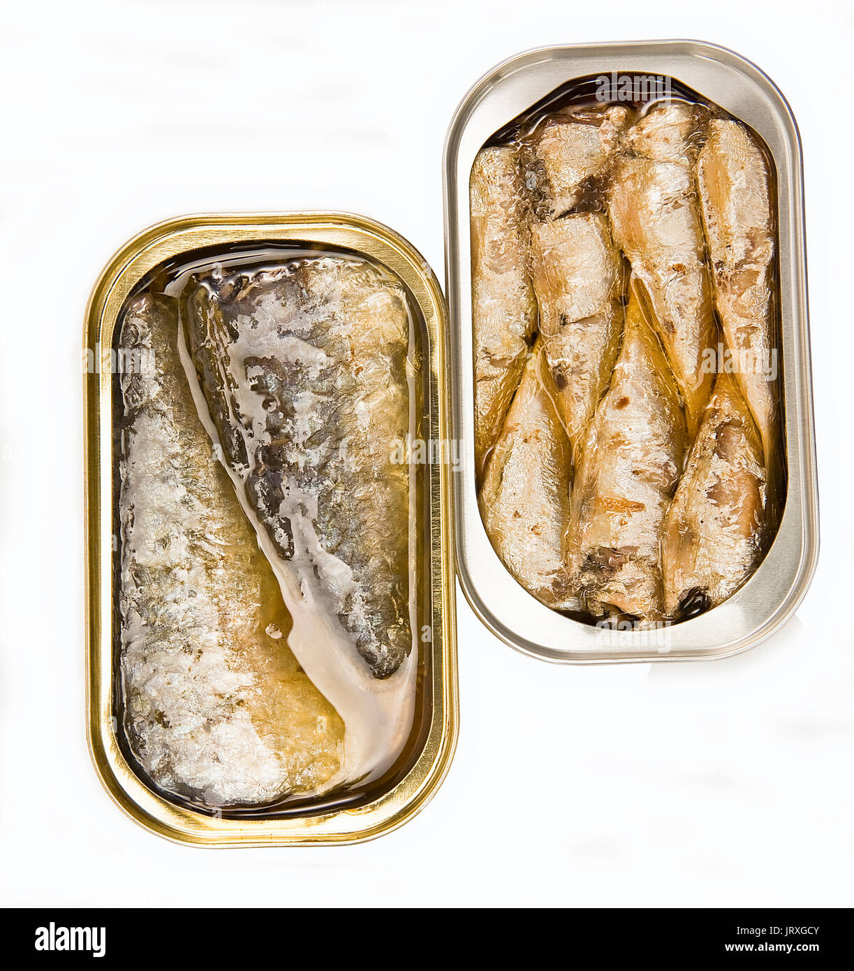 Boîtes de différentes tailles et d'ouverture, de calmars en sauce, le maquereau et les sardines à l'huile végétale Banque D'Images