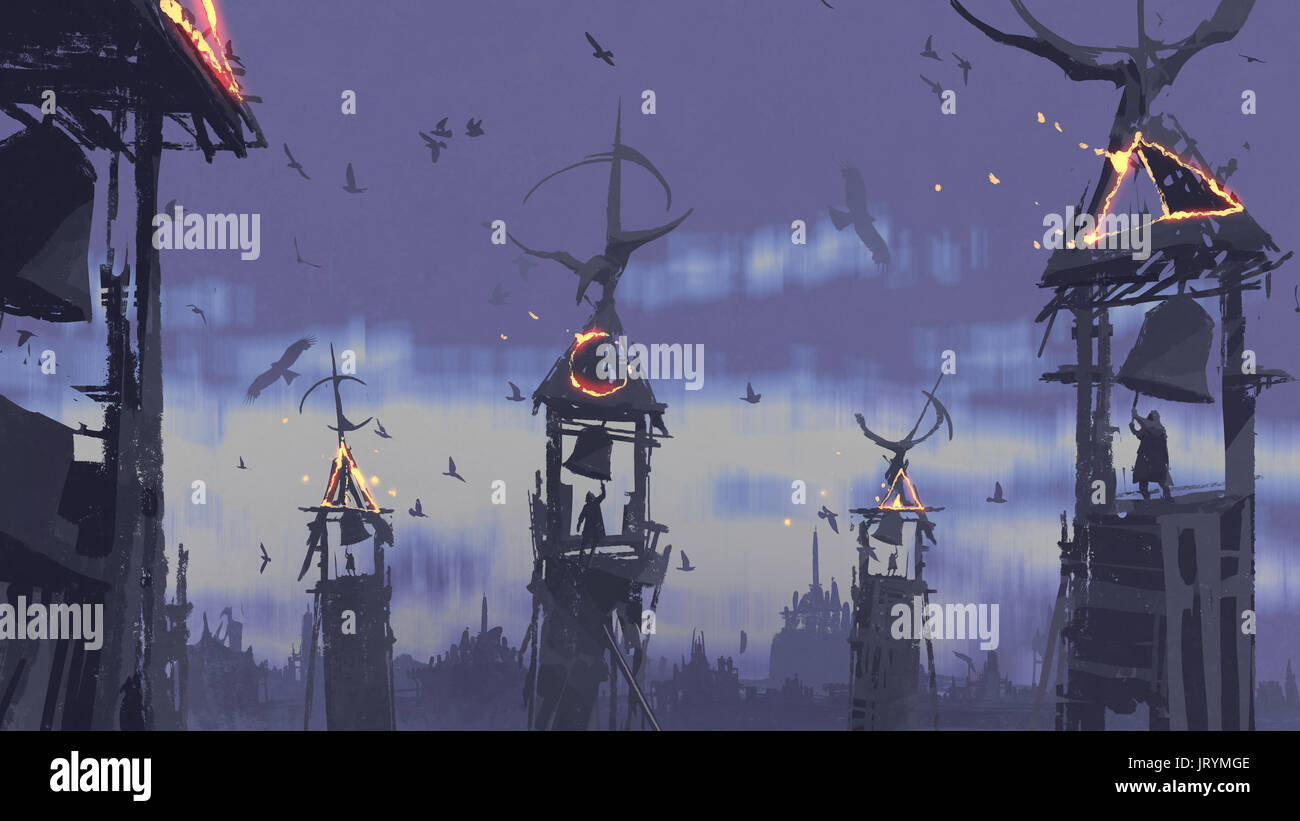 Dark fantasy concept de personnes en sonnerie sur bell tower contre oiseaux volant dans le ciel du soir, art numérique, peinture style illustration Banque D'Images