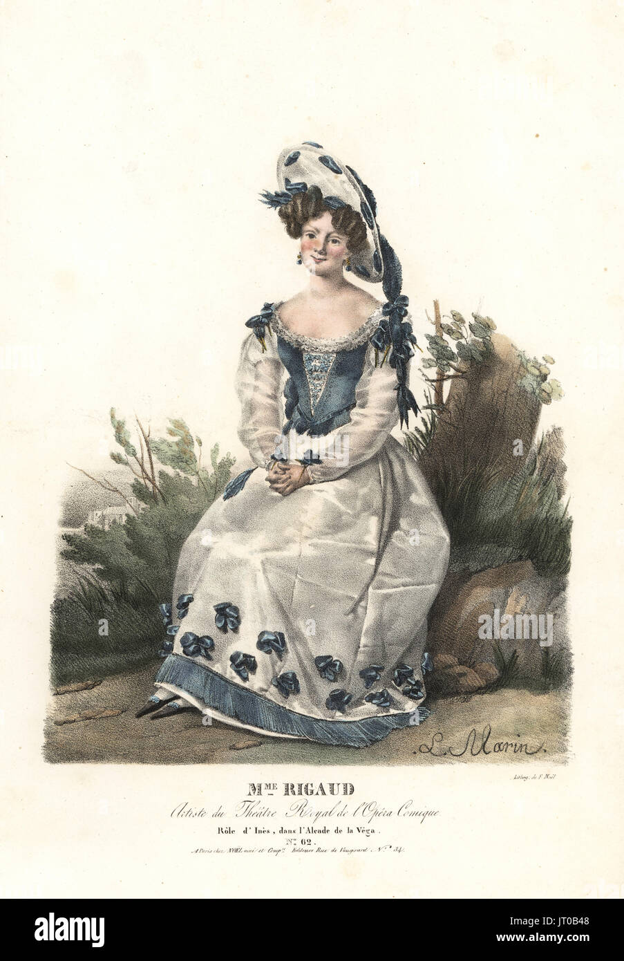 Chanteuse soprano Madame Rigaud comme Antoinette-Eugenie Ines à l'Alcalde de la Vega par André Louis George Onslow, le Théâtre Royal de l'Opéra Comique, 1824. Lithographie coloriée par F. Noel après une illustration par Lavigne Marin à partir de portraits d'acteurs et d'actrices dans des rôles différents, F. Noel, Paris, 1825. Banque D'Images