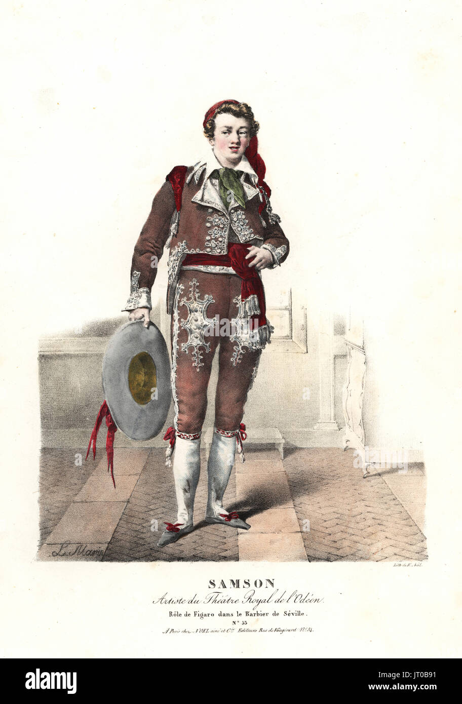 L'acteur français Joseph-Isidore Samson le barbier Figaro à l'opéra Le Barbier de Séville de Gioachino Rossini, le Théâtre Royal de l'Odéon, 1823. Lithographie coloriée par F. Noel après une illustration par Lavigne Marin à partir de portraits d'acteurs et d'actrices dans des rôles différents, F. Noel, Paris, 1825. Banque D'Images