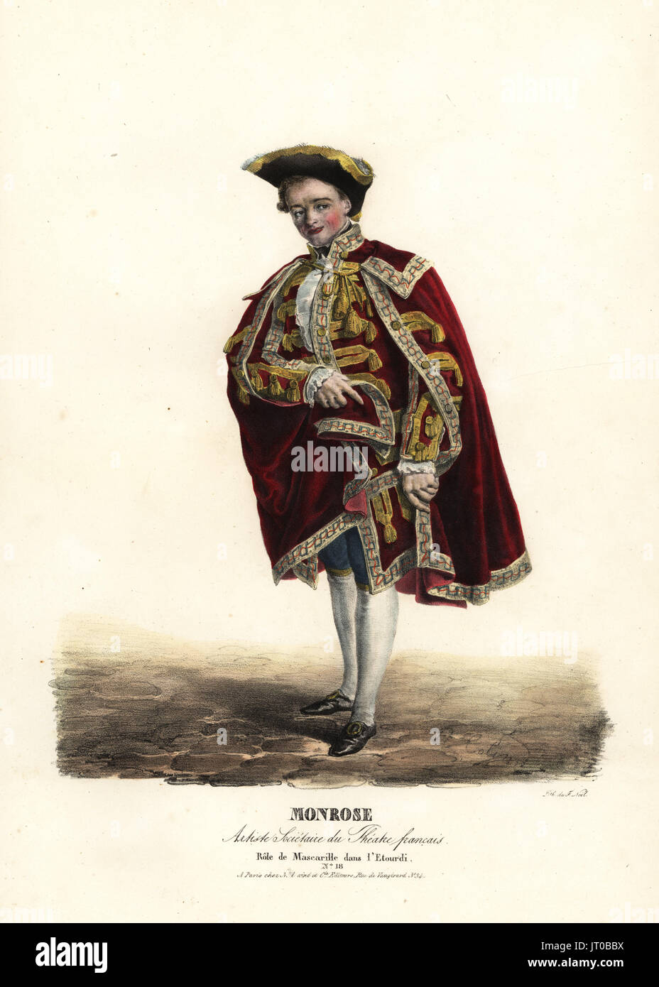 Claude Louis Monrose Sr. comme Mascarille dans l'Etourdi ou l'Avare de Molière, Théâtre Francais, 1823. Lithographie coloriée par F. Noel après une illustration par Alexandre-Marie Colin de portraits d'acteurs et d'actrices dans des rôles différents, F. Noel, Paris, 1825. Banque D'Images