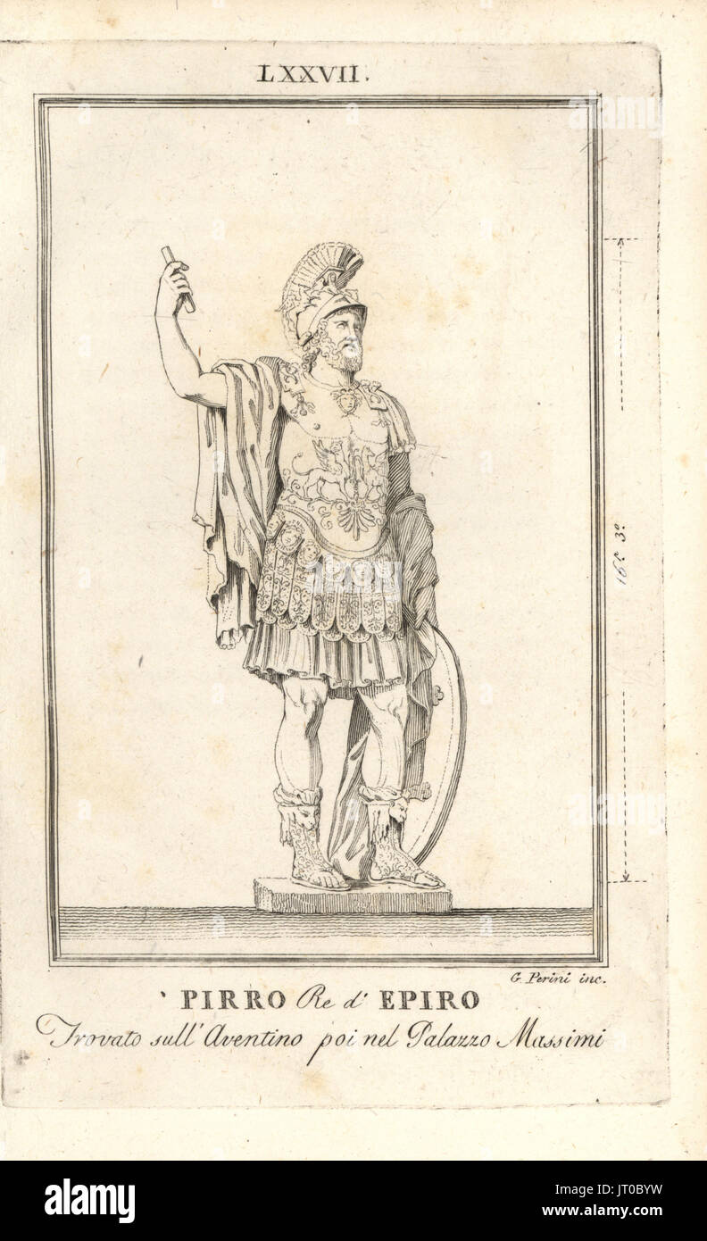 Statue de Pyrrhus, Roi d'Épire, en armure, casque et Cape. Dans le Palazzo Massimi, Musée National Romain. La gravure sur cuivre par Gio. Petrini de Pietro Paolo le Montagnani-Mirabili Il Museo Capitolino (le musée du Capitole), Rome, 1820. Banque D'Images