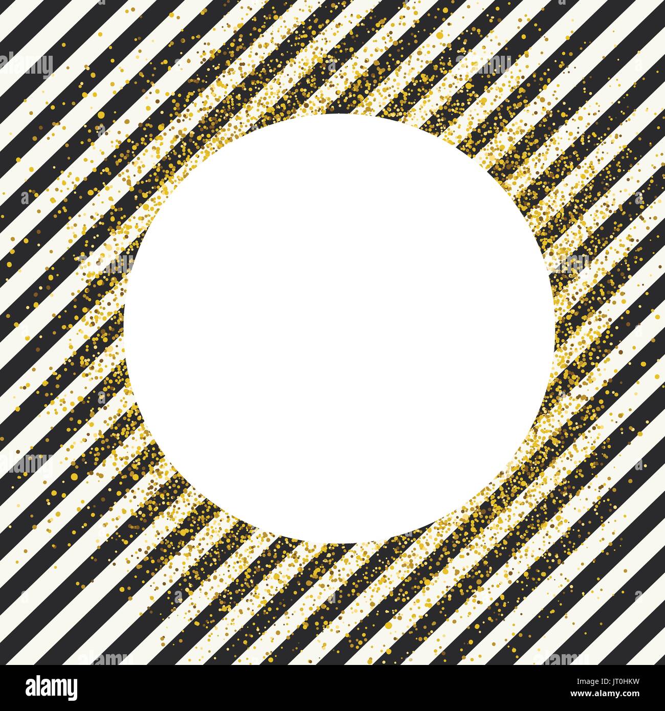 Modèle de conception de carte d'invitation. Motif de lignes noires en diagonale et blanc en forme de cercle d'or avec copyspace points chaotiques. Illustration de Vecteur