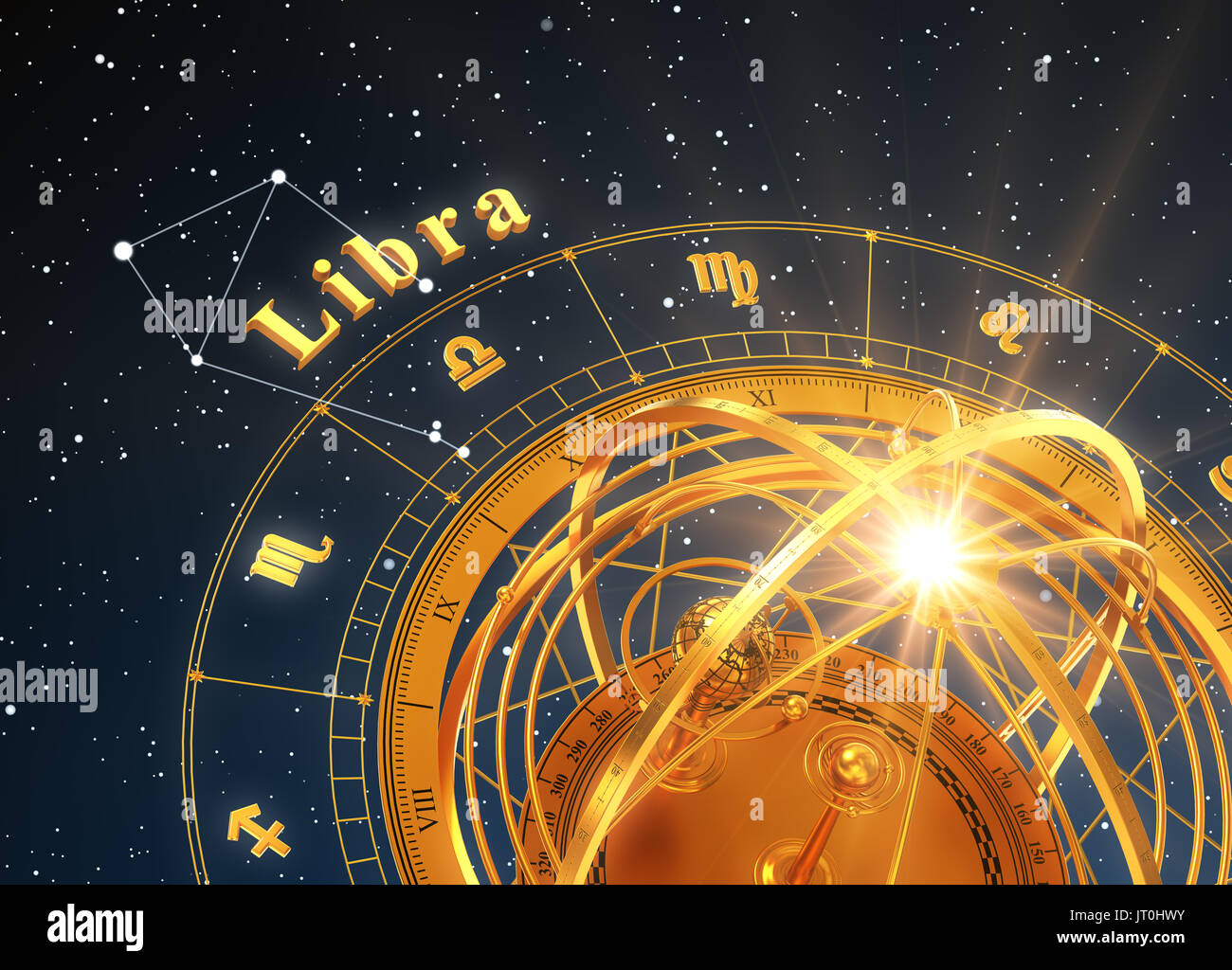 Signe astrologique Balance et sphère armillaire sur fond bleu. 3D Illustration. Banque D'Images