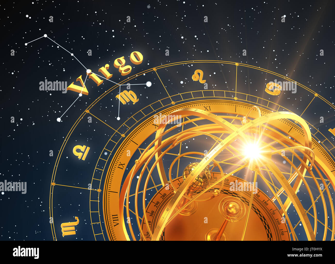 Signe astrologique Vierge et sphère armillaire sur fond bleu. 3D Illustration. Banque D'Images