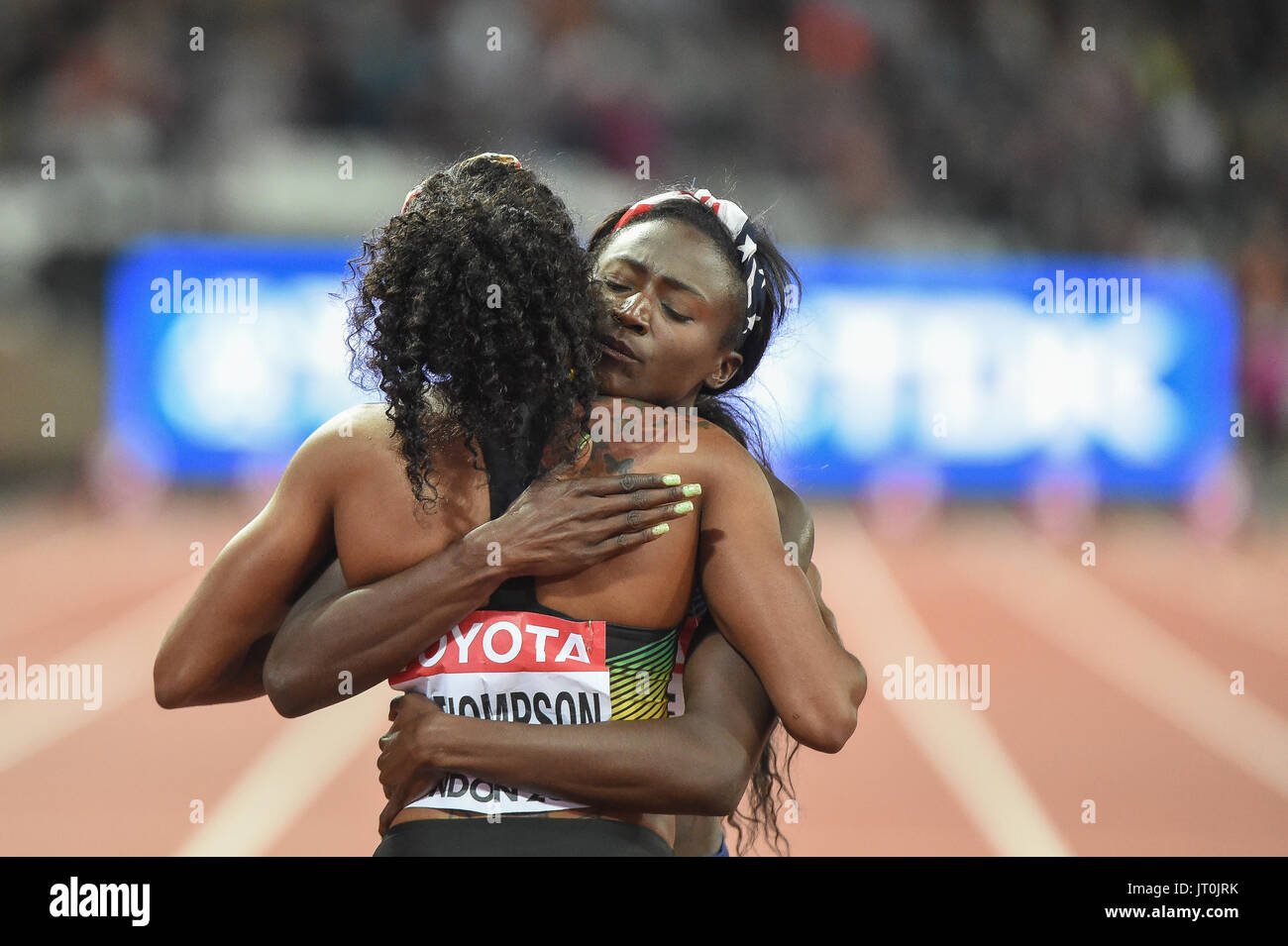 Londres, Royaume-Uni. 6e août, 2017. Tori BOWIE, USA, et Elaine Thompson, Jamaïque, pendant 100 mètres finale à Londres le 6 août 2017 au 2017 es Championnats du monde d'athlétisme. Banque D'Images
