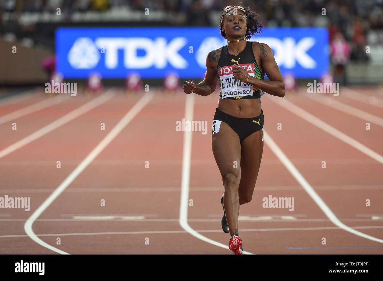 Londres, Royaume-Uni. 6e août, 2017. Elaine Thompson, Jamaïque, pendant 100 mètres finale à Londres le 6 août 2017 au 2017 es Championnats du monde d'athlétisme. Banque D'Images