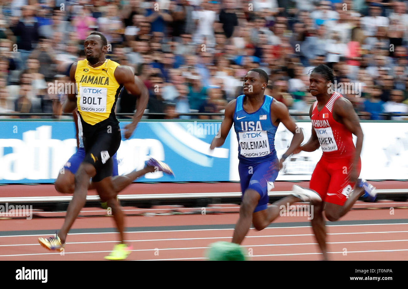 Londres, Grande-Bretagne. 5 Août, 2017. Jamaican Usain Bolt (1ère L) et Christian Coleman (2e R) de la United States sprint pendant le 100 m demi-finale le jour 2 de l'IAAF 2017 Championnats du monde à Londres Stadium à Londres, Grande-Bretagne, sur le 5 août 2017. Christian Coleman courir plus vite qu'Usain Bolt à deux reprises par 0,01 seconde en un jour. Credit : Wang Lili/Xinhua/Alamy Live News Banque D'Images