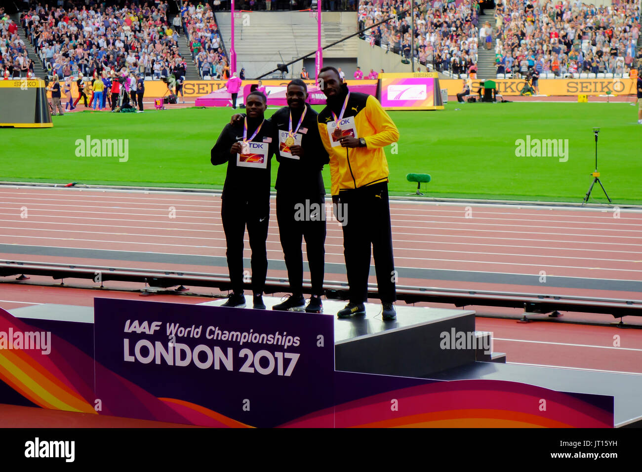 Le 100 m cérémonie de remise des prix au London 2017 es Championnats du monde à Londres, Royaume-Uni, 06 août 2017. Banque D'Images