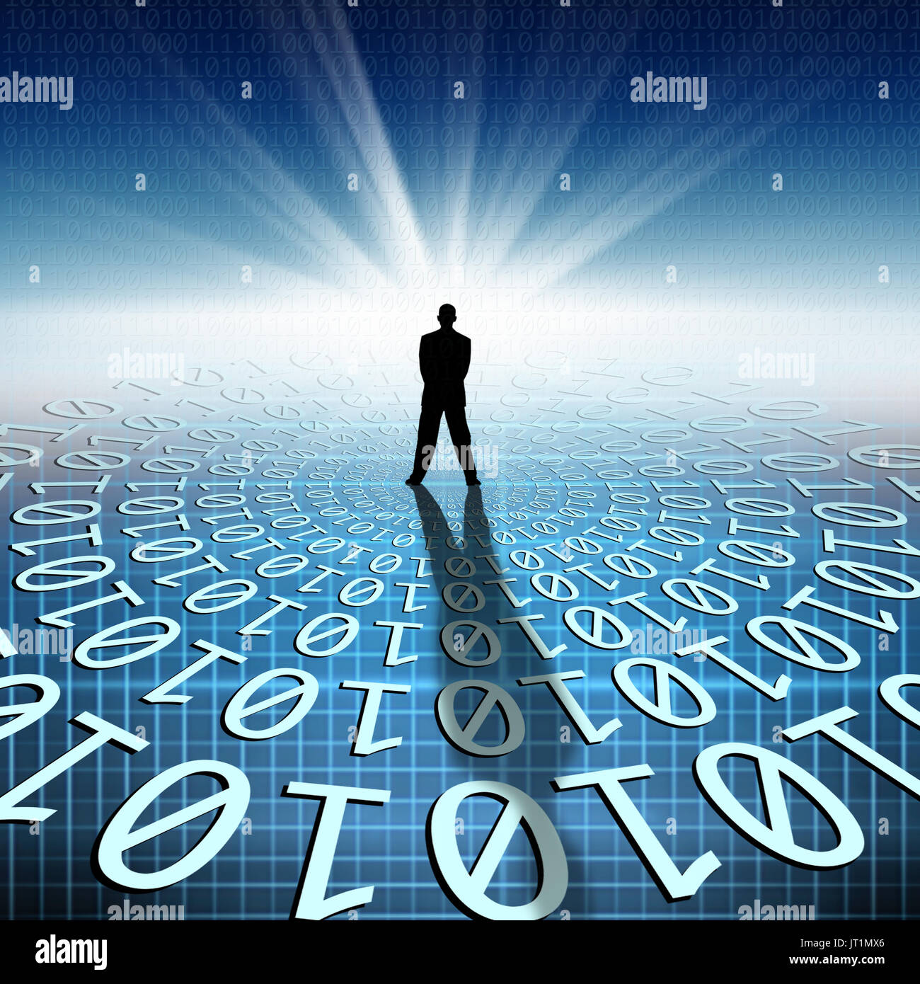 Image conceptuelle de l'homme qui se profile sur la matrice du code binaire Banque D'Images