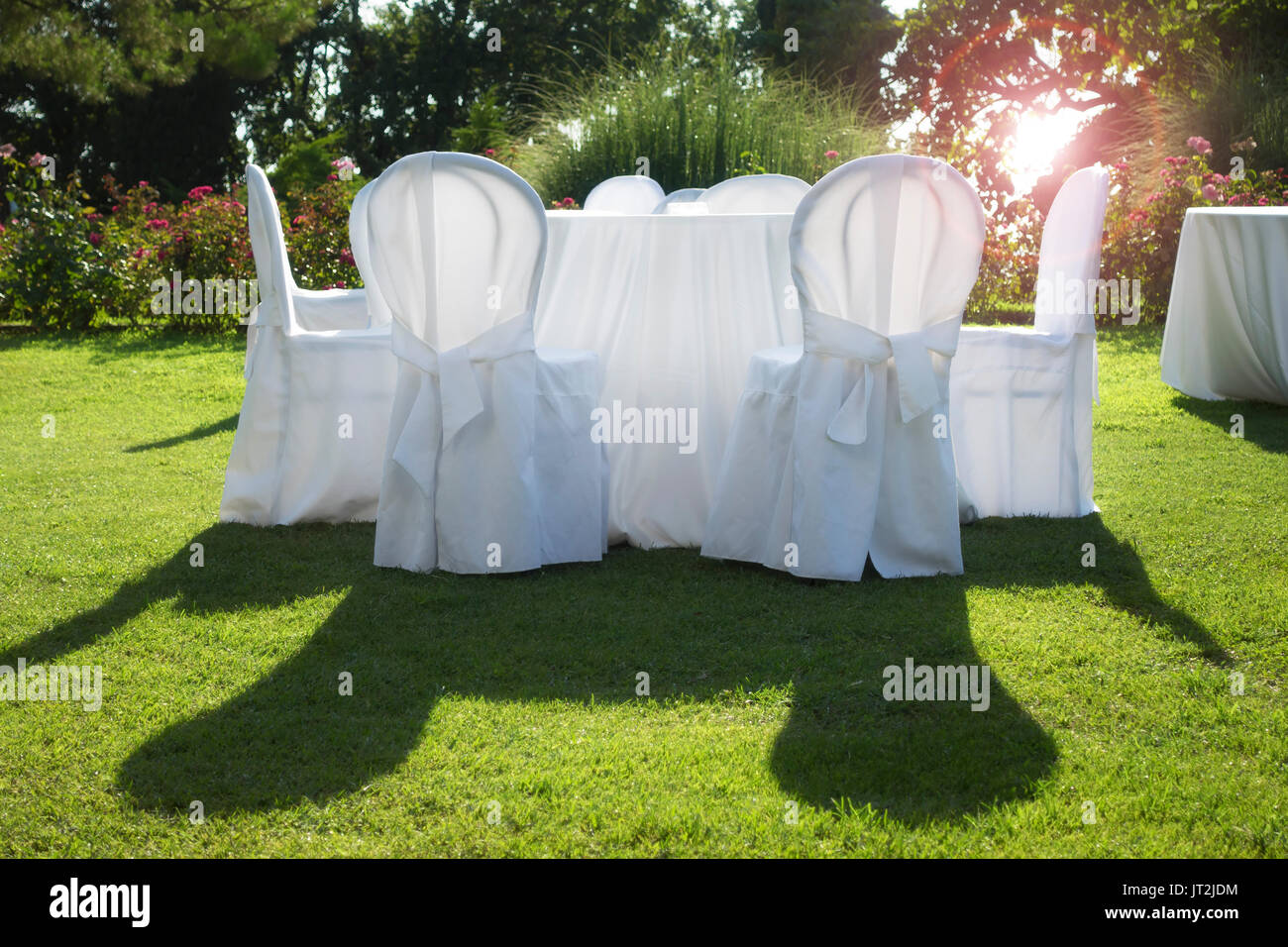 Tableau blanc dans le jardin de mariage Banque D'Images
