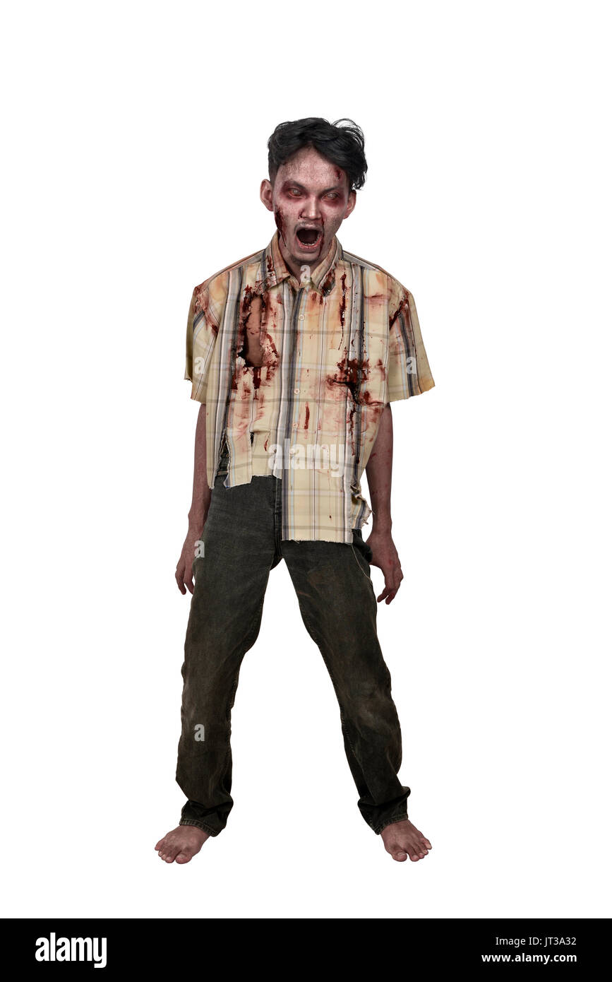 Portrait of asian man zombie avec visage blessé isolé sur fond blanc Banque D'Images