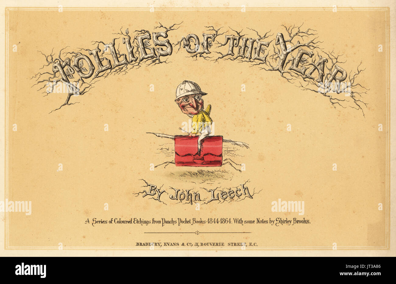 Page de titre avec le titre écrit en brindilles et vignette d'un jockey en soieries à cheval faite d'un étui en cuir, plume et bâtons. Gravure coloriée par John Leech de folies de l'année, de punchs Pocket Books, Bradbury, Londres, 1864. Banque D'Images