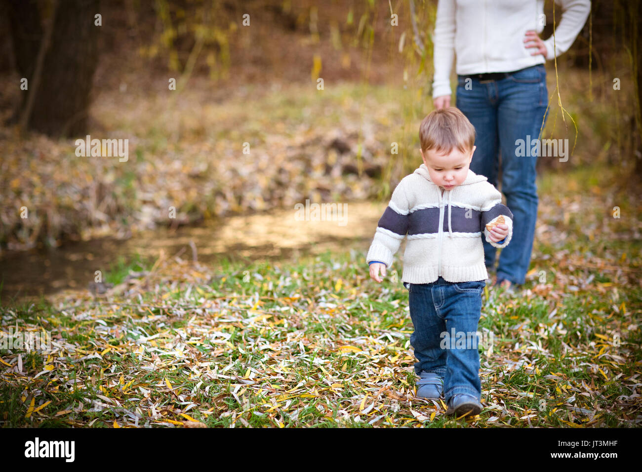 Jeune mère avec fils en automne parc. Concept de famille heureuse Banque D'Images