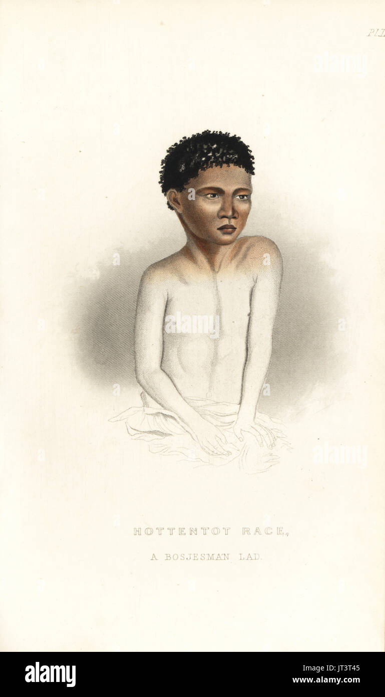 Buste d'un jeune garçon du peuple San (Bushman ou Bosjesman dal), Afrique du Sud. Course Hottentot. Gravure coloriée après un daguerréotype de Charles Pickering's les courses de l'homme, Londres, 1850. Banque D'Images