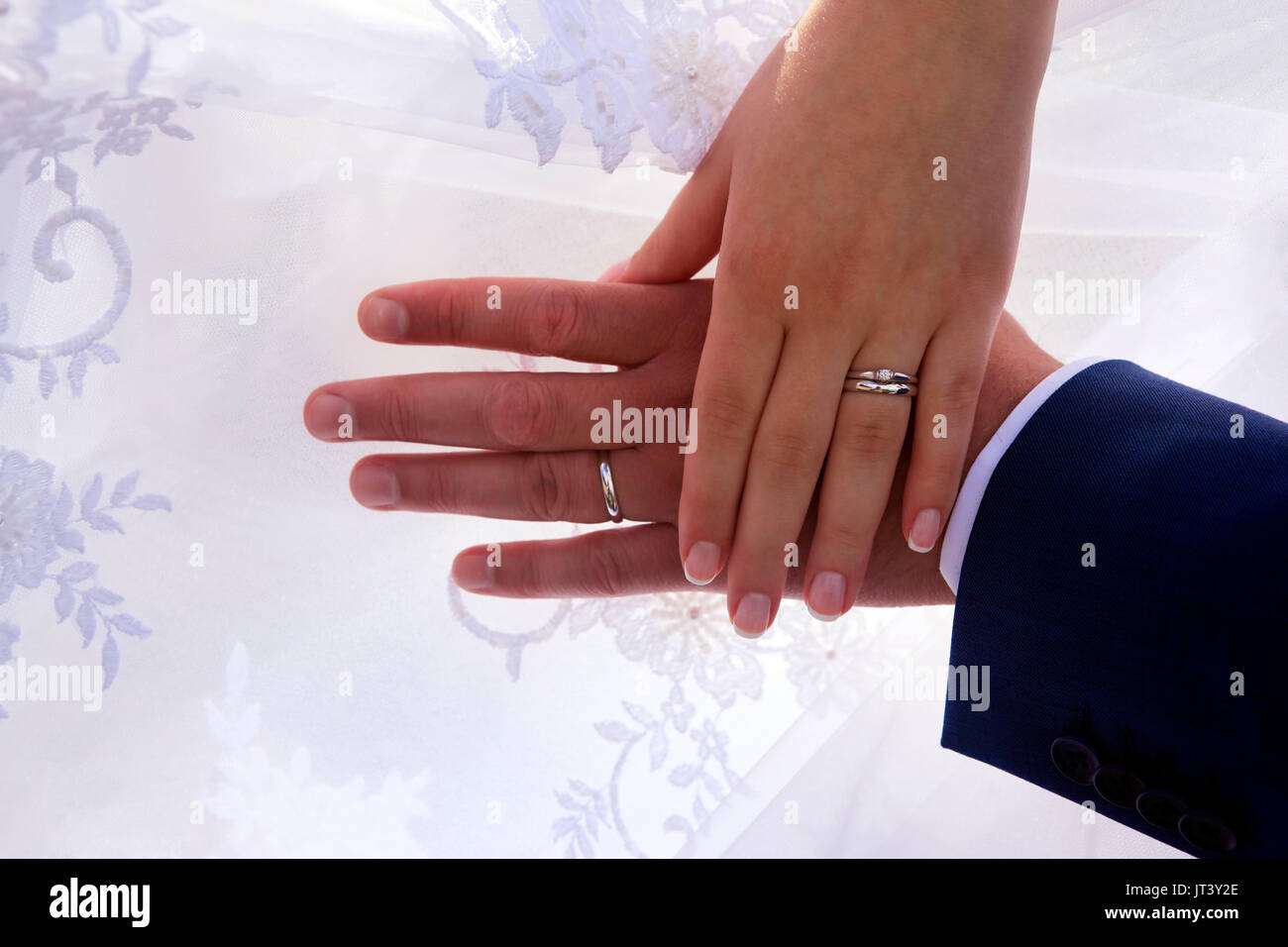 Les mains des mariés sur l'arrière-plan d'une robe de mariage Banque D'Images