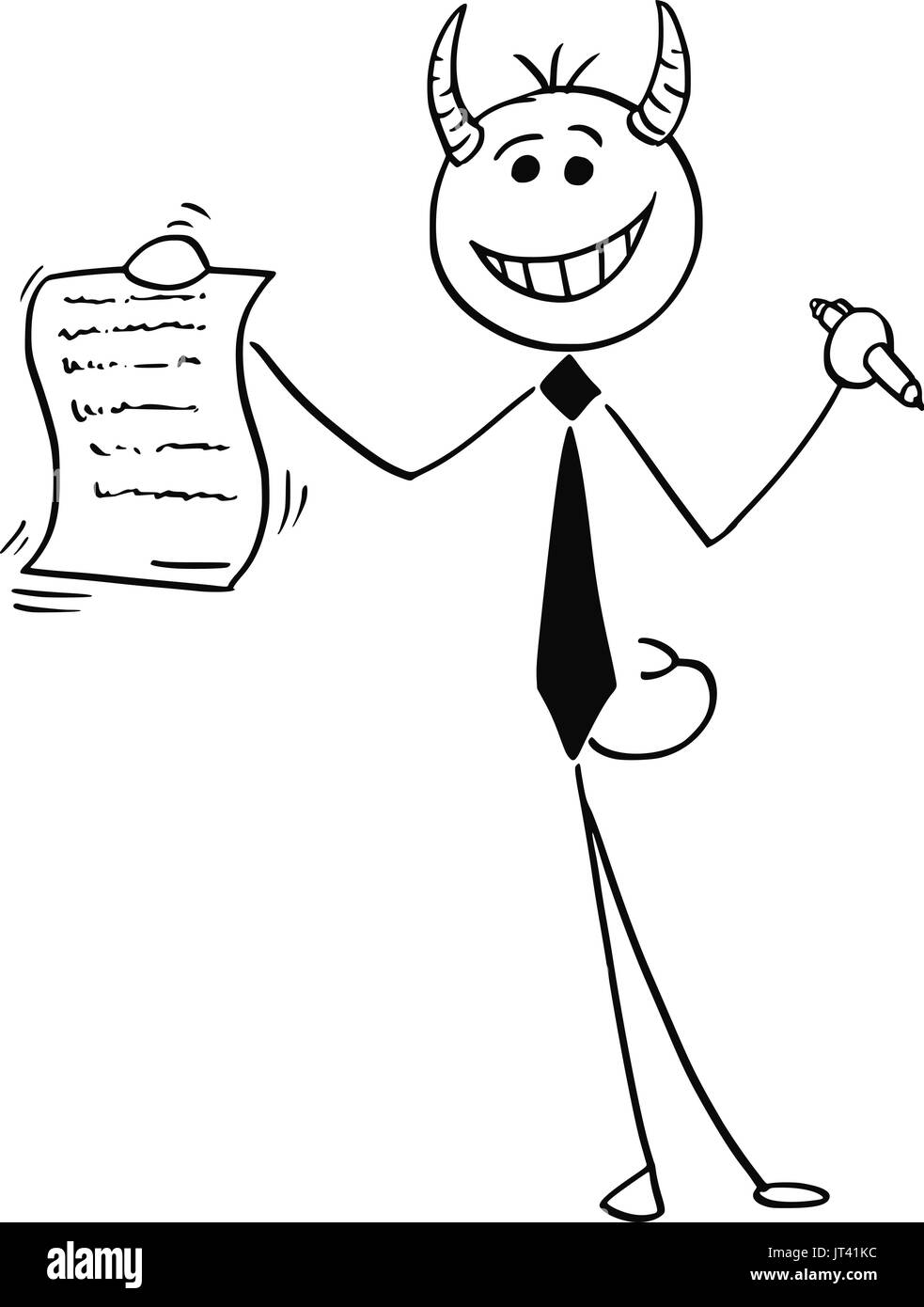 Cartoon vector illustration of stick man devil businessman ou vendeur offrant un contrat ou d'un accord de papier pour signature. Illustration de Vecteur