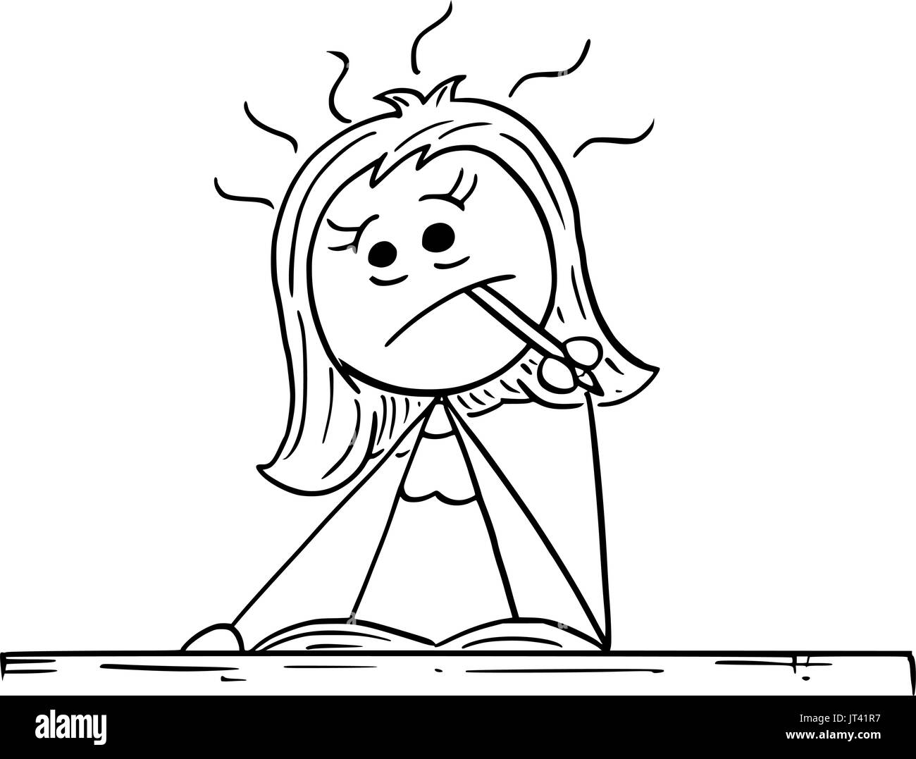 Cartoon vector illustration de stick femme réfléchissant à quelque chose ou écrire un texte avec un crayon dans sa bouche. Illustration de Vecteur