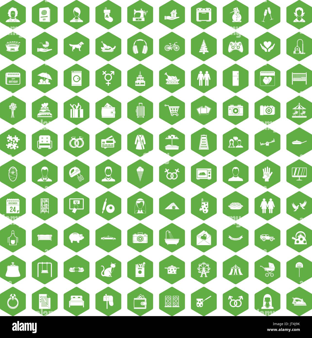 100 icônes de la famille vert hexagonal Illustration de Vecteur