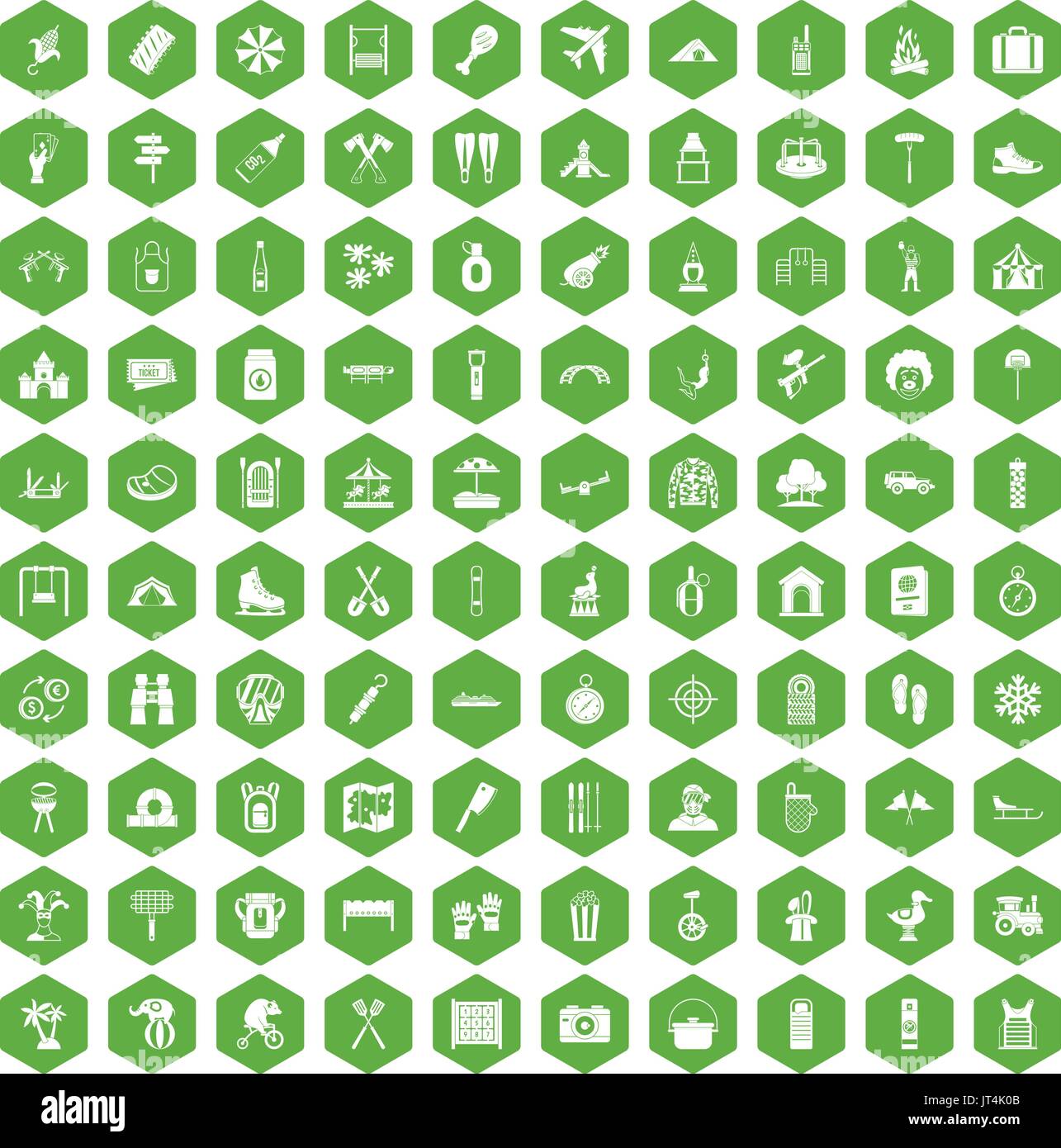 100 icônes famille vacances vert hexagonal Illustration de Vecteur