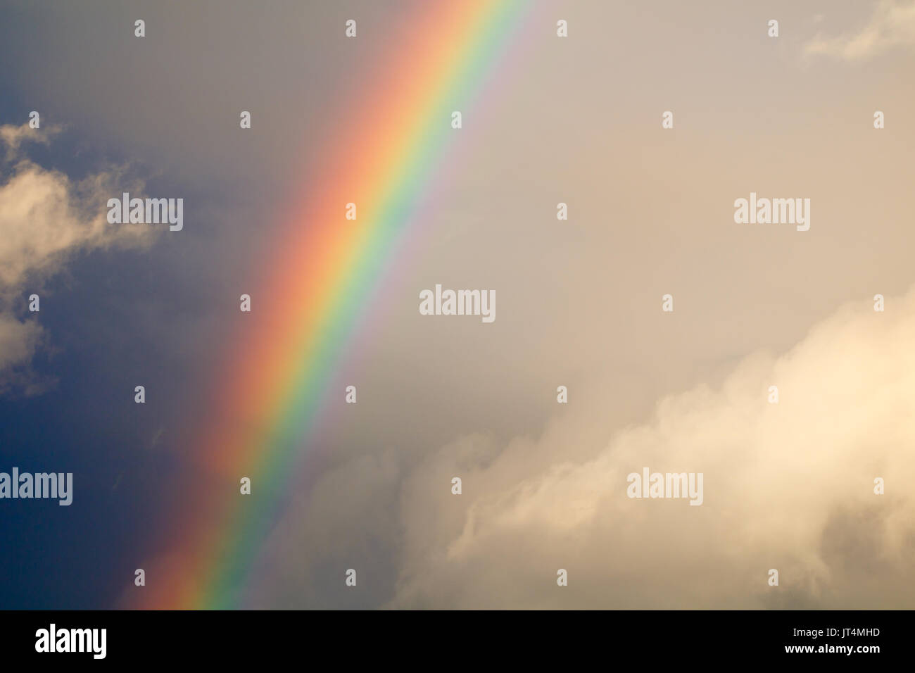 Bel arc-en-ciel après la pluie dans le bleu ciel nuageux Banque D'Images