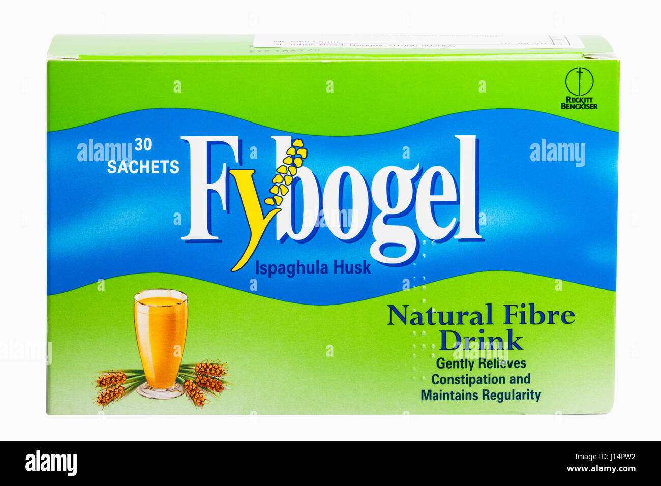 Une boîte de fibre de verre naturel Fybogel sur fond blanc Banque D'Images