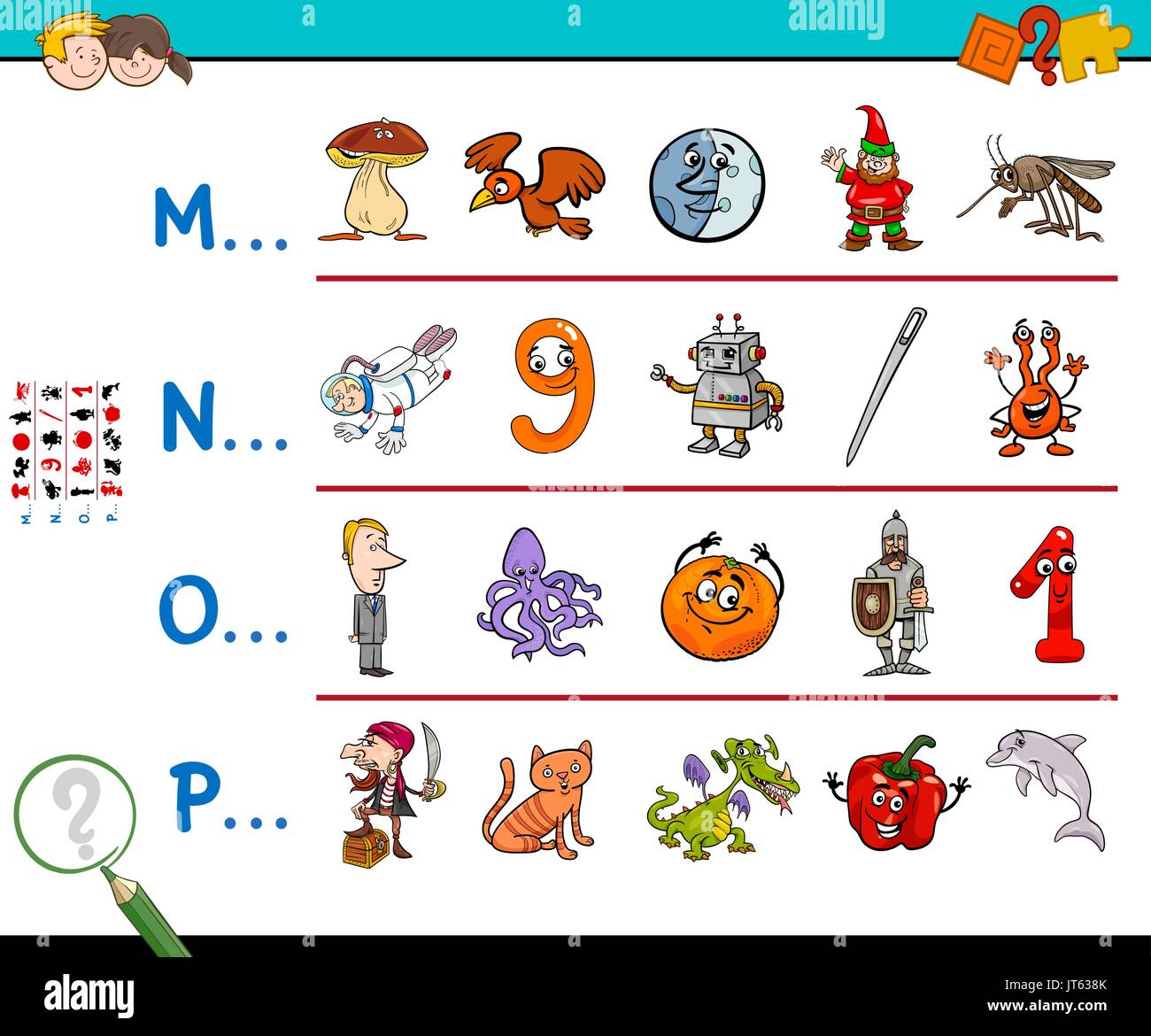 Cartoon Illustration de trouver des images à partir de visées Lettre jeu éducatif pour les enfants Illustration de Vecteur