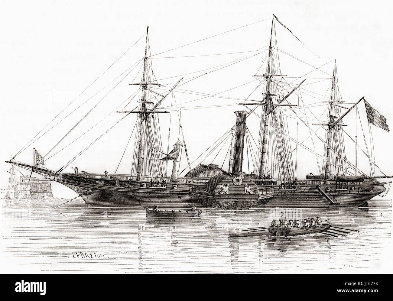 La corvette française Le Sphinx. Construite en 1829 elle a été le premier bateau à vapeur de la marine française. De : Les merveilles de la science, publié en 1870. Banque D'Images