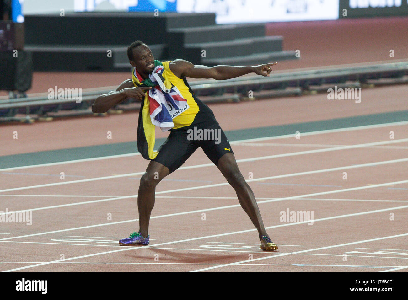 Londres, ANGLETERRE - 05 août : Usain Bolt de la Jamaïque après sa troisième place dans la finale du 100 mètres lors de la deuxième journée de la 16e Championnats du monde d'athlétisme IAAF Londres 2017 au stade de Londres le 5 août 2017 à Londres, Royaume-Uni Banque D'Images