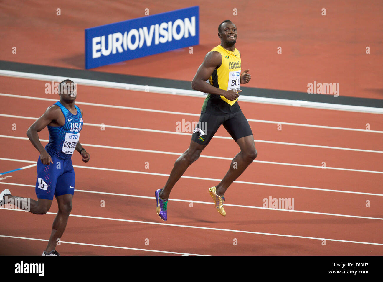 Londres, ANGLETERRE - 05 août : Usain Bolt de la Jamaïque après sa troisième place dans la finale du 100 mètres lors de la deuxième journée de la 16e Championnats du monde d'athlétisme IAAF Londres 2017 au stade de Londres le 5 août 2017 à Londres, Royaume-Uni Banque D'Images