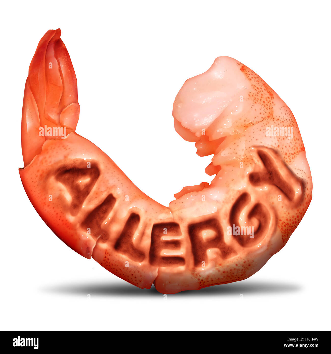 Crevettes et coquillages et le concept de la santé de l'allergie allergique au symbole de crustacés avec texte en relief en les aliments sur un fond blanc. Banque D'Images