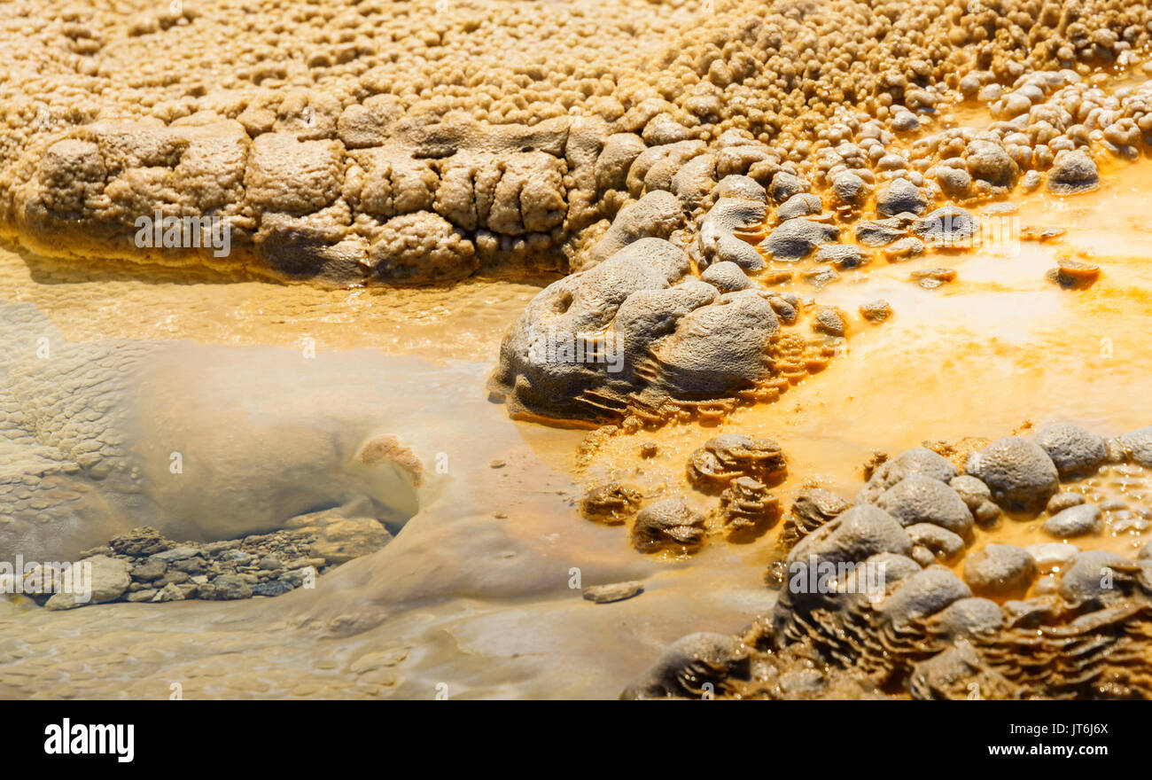 Sols colorés de sources chaudes, des geysers. dépôts minéraux. alien planet à sol. Le parc national de Yellowstone aux États-Unis. Banque D'Images