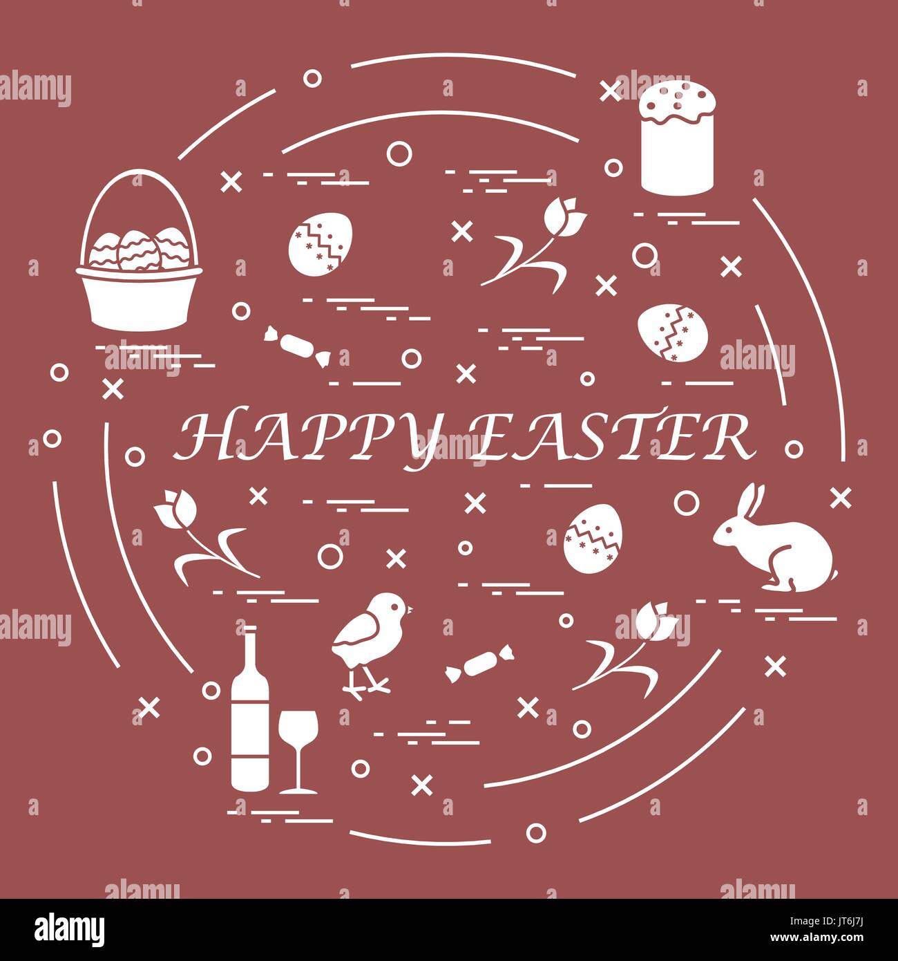 Cute vector illustration avec différents symboles pour Pâques disposées en cercle. Y compris les icônes de gâteau de Pâques, Poussin, des paniers, des oeufs et d'autres. Desig Illustration de Vecteur