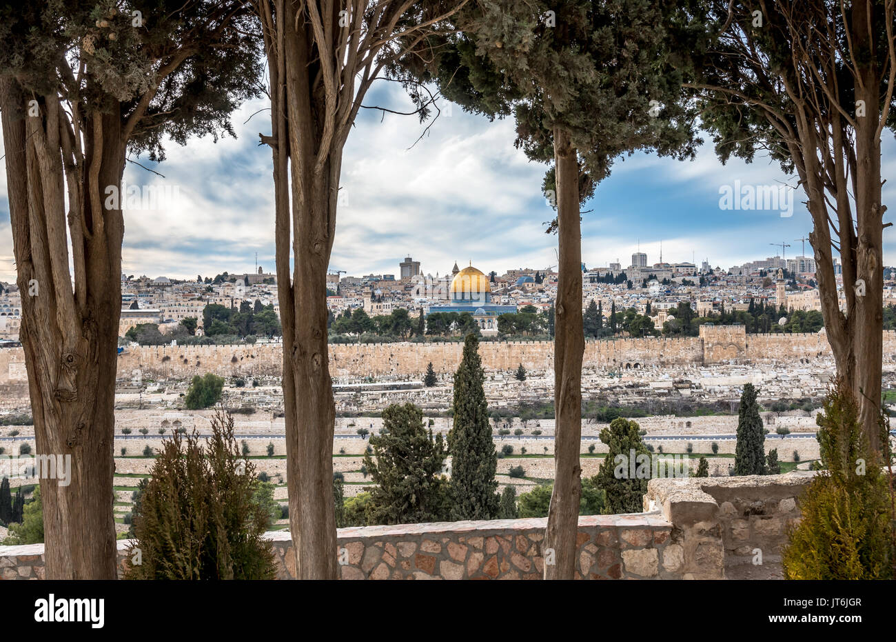 Mont du Temple avec dôme du Rocher de l'église Dominus Flevit à Jérusalem, Israël Banque D'Images